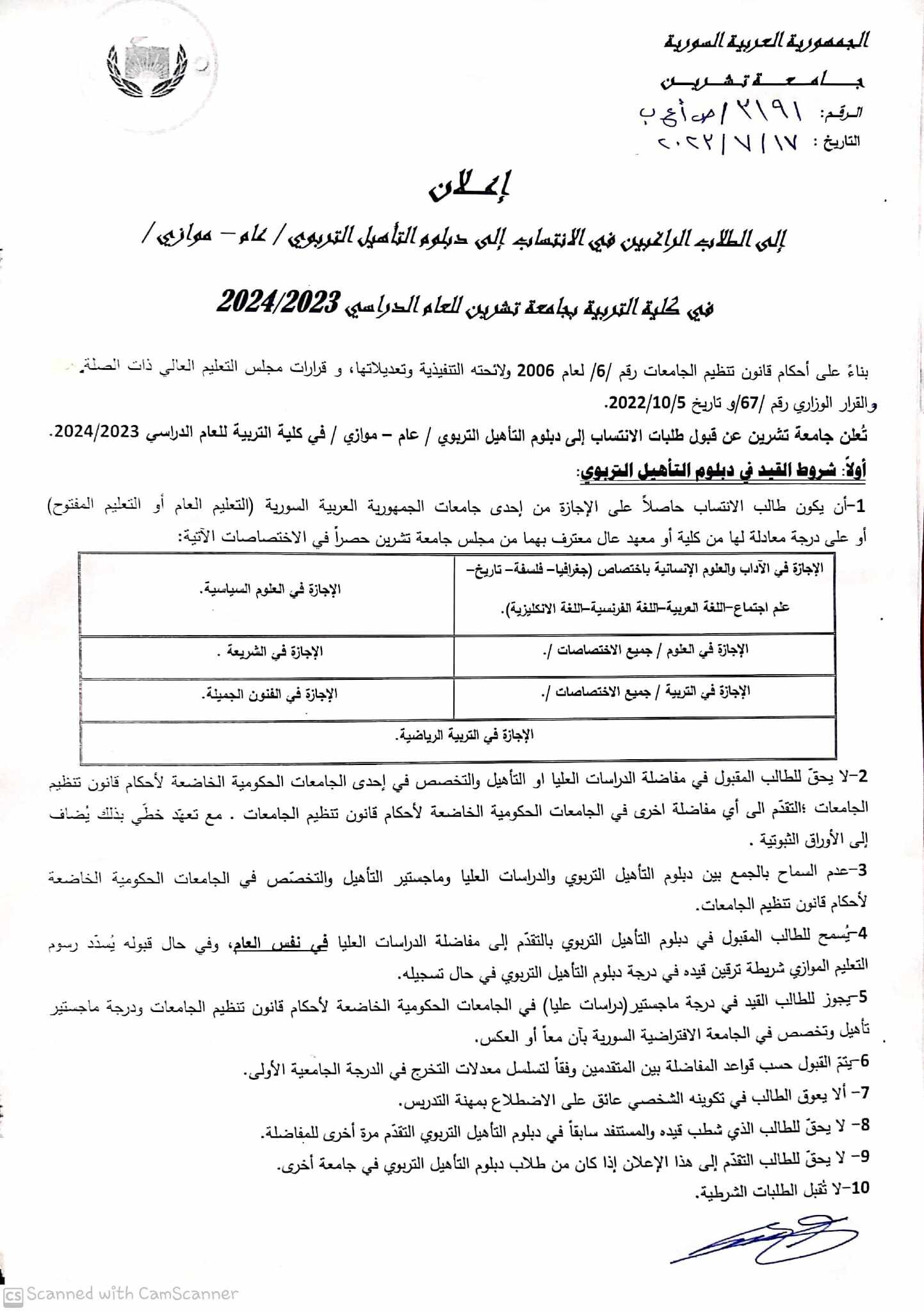 جامعة تشرين تصدر إعلان مفاضلة دبلوم التأهيل التربوي عام موازي  في كلية التربية