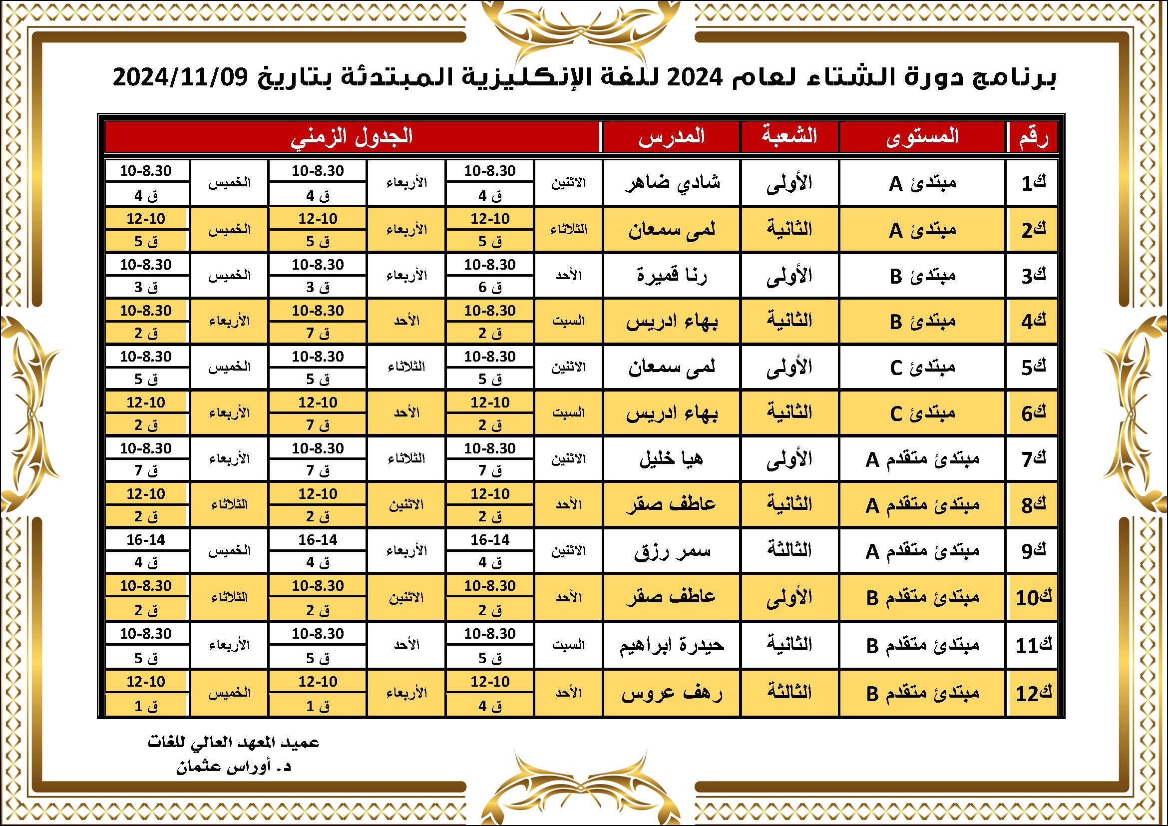 المعهد العالي للغات يصدر برنامج دورات الشتاء التي تبدأ بتاريخ 9-11-2024